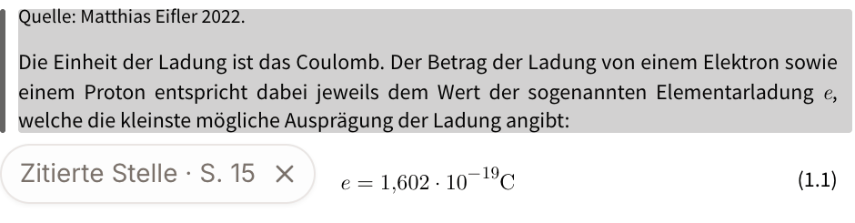 Highlighted PDF paragraph about elementary charge, with a citation marker pointing to page 15.